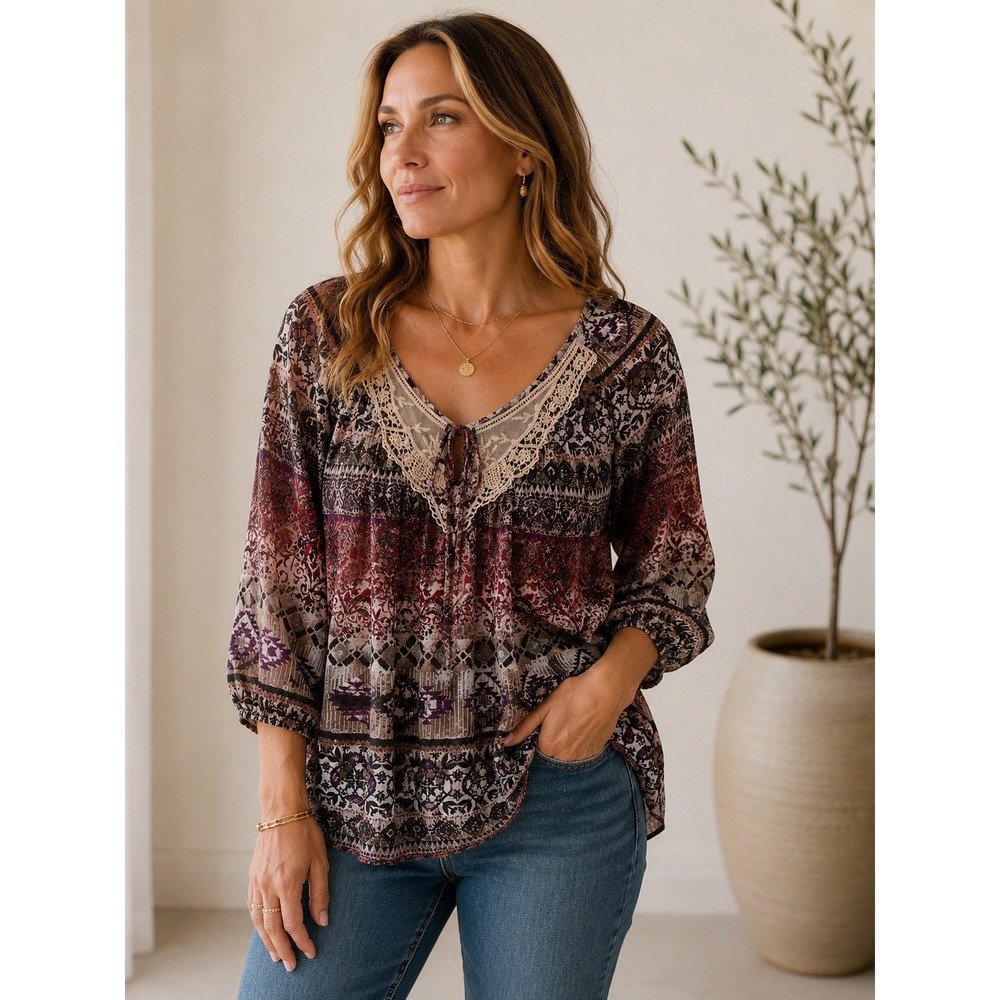 Shyanne Boho Lace Tie Front Sheer Blouse Womens Large Multicolor